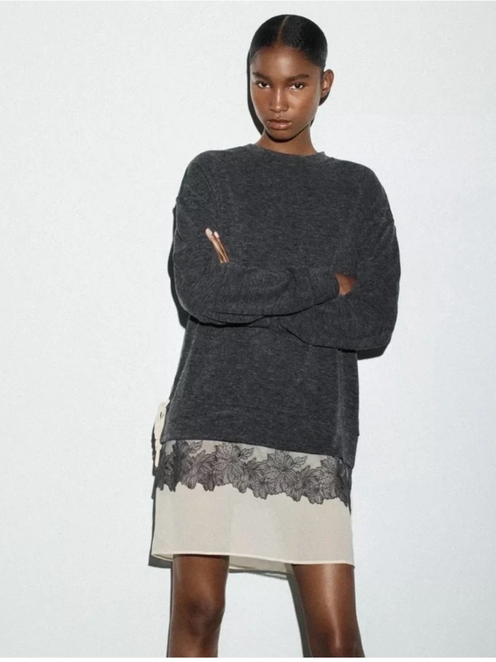 Zara Oversized Knit Lace Trim Sweater Dress Charcoal Gray Size L NWT
